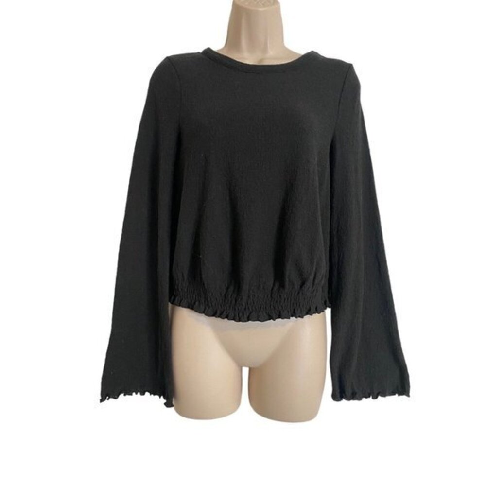 MADEWELL Cropped BLACK LONG SLEEVES Sz XS Crape Cotton Blouse Elastic Waist